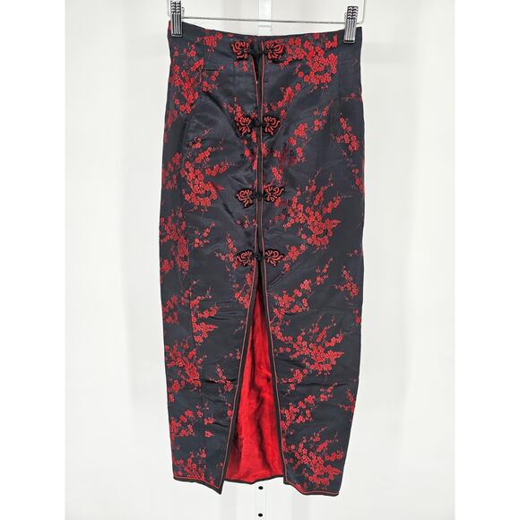 Handmade Dresses & Skirts - Vintage Y2K black and red floral cheongsam Pencil Skirt Maxi Length Satin Sz S